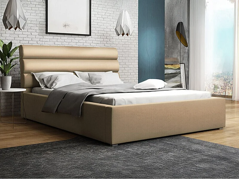 Cama Pomona 110, Doble, De color marrón claro, 180x200, Tapiz, Somieres, 200x223x100cm