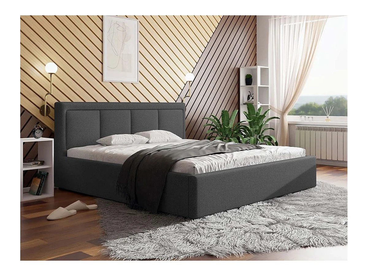 Lit Pomona 100, Double, Gris, 180x200, Tapisserie, Sommier à lattes, 200x223x93cm