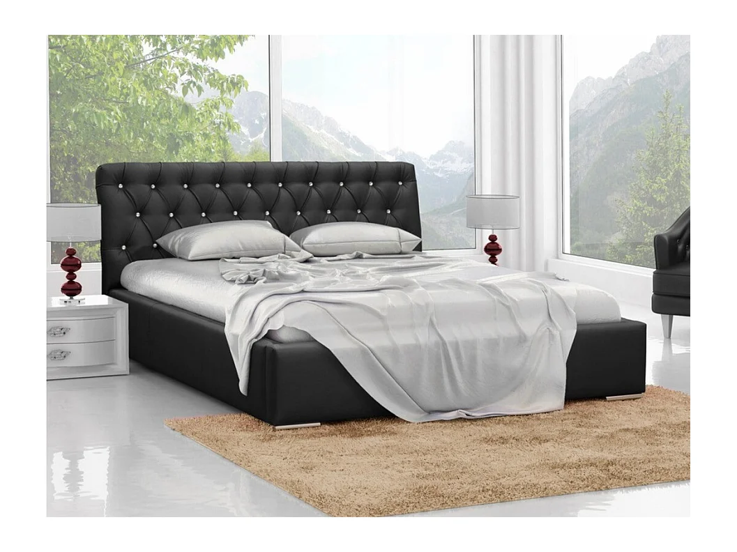 Lit Baltimore 101, Double, Noir, 160x200, Faux cuir, Sommier à lattes, 180x227x100cm