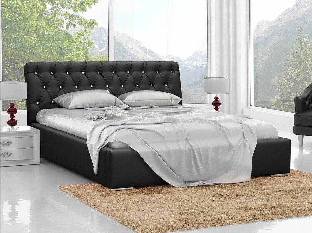 Cama Baltimore 101, Doble, Negro, 160x200, Cuero ecológico, Somieres, 180x227x100cm