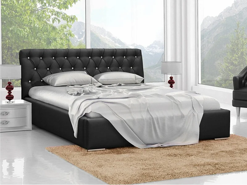Cama Baltimore 101, Doble, Negro, 160x200, Cuero ecológico, Somieres, 180x227x100cm