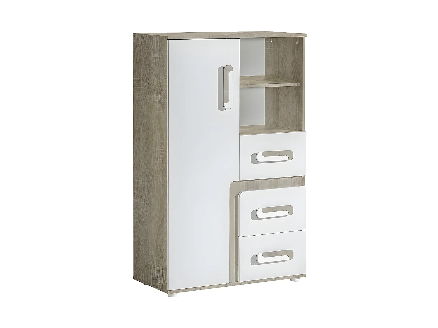 Commode Akron G101, Blanc|Chêne clair, Avec tiroirs et portes, Nombre de tiroirs: 3.00,