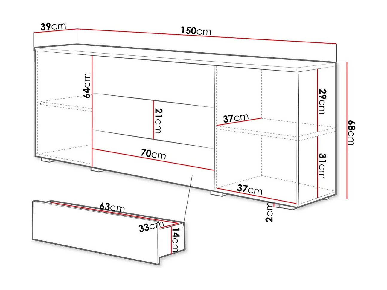 Cómoda Sarasota 129, Com gavetas e portas, Número de gavetas: 3