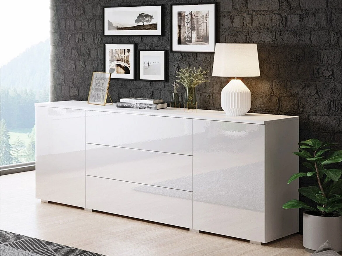Cassettiera Sarasota 129, Bianco|Bianco lucido, Con cassetti e ante, 68x150x39cm