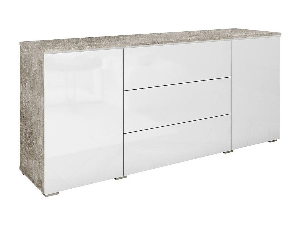Cómoda Sarasota 142, Hormigón|Blanco brillante, Con cajones y puertas, 66x150x40cm