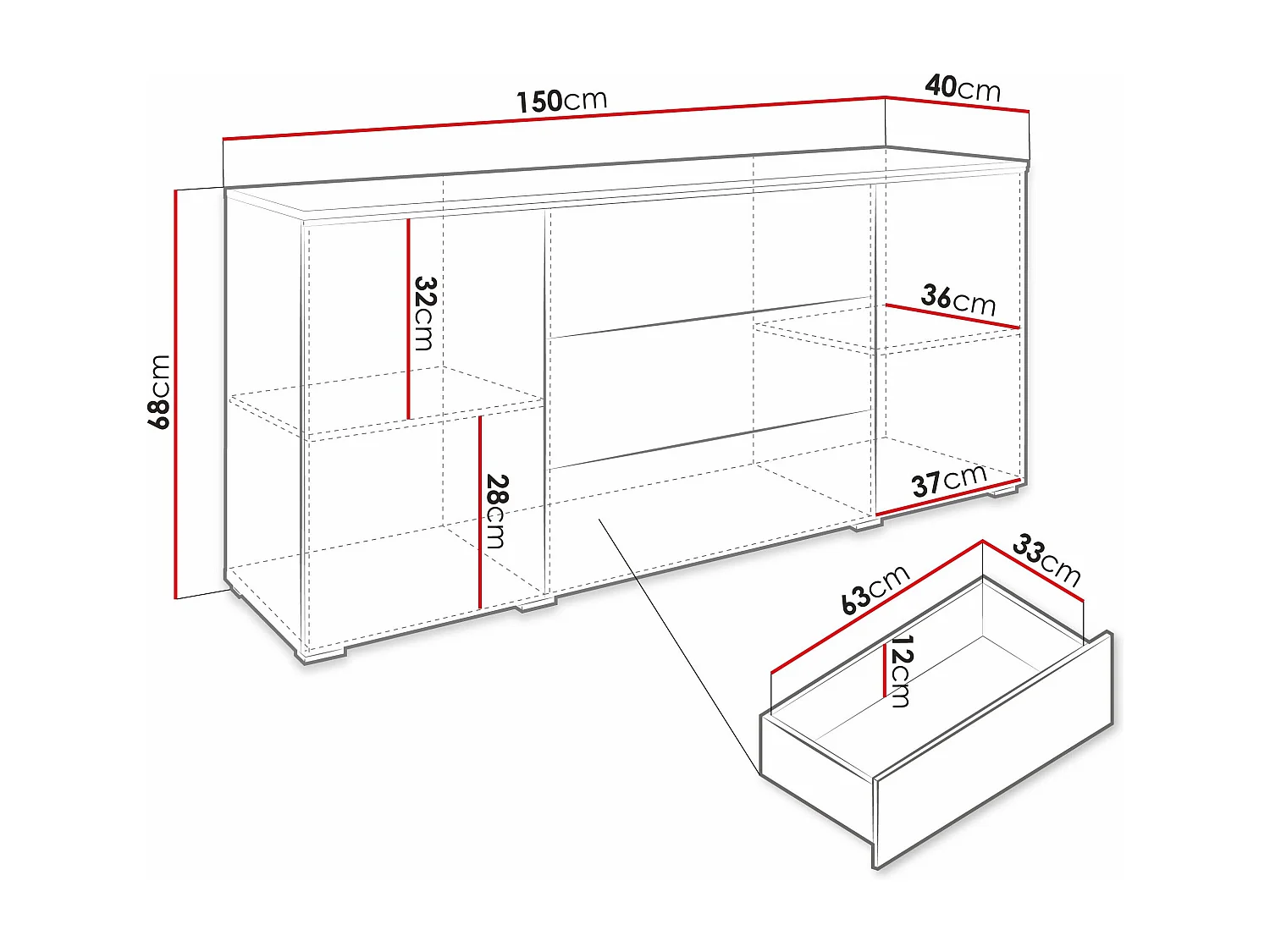 Cómoda Sarasota 142, Hormigón|Blanco brillante, Con cajones y puertas, 66x150x40cm