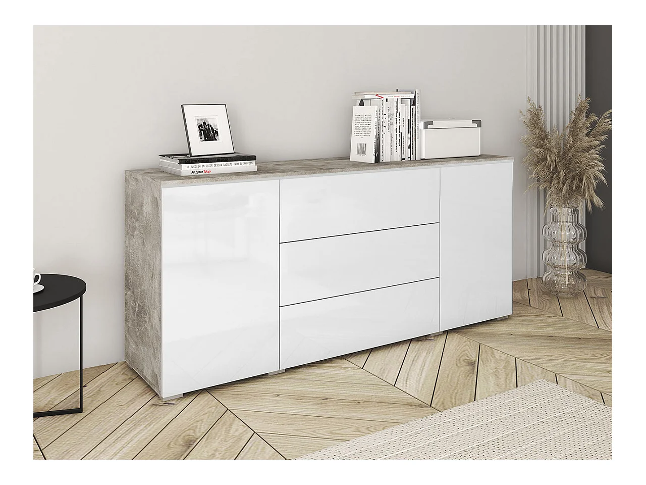 Commode Sarasota 142, Béton|Blanc brillant, Avec tiroirs et portes, Nombre de tiroirs: 3