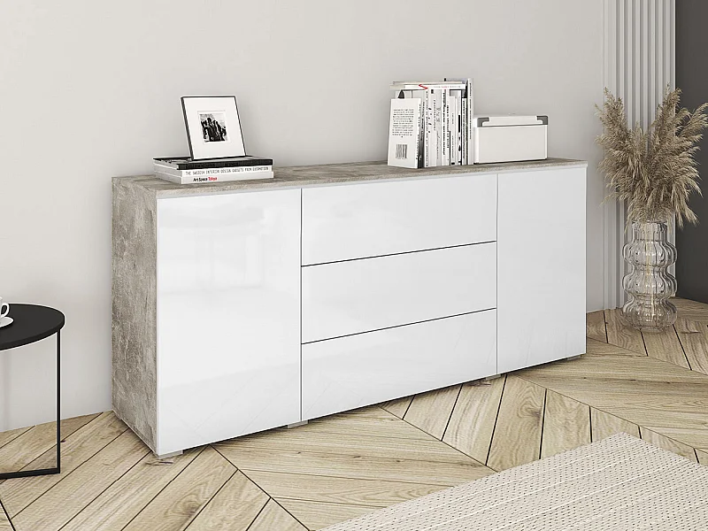 Commode Sarasota 142, Béton|Blanc brillant, Tiroirs et portes, Nombre de tiroirs: 3, 66cm