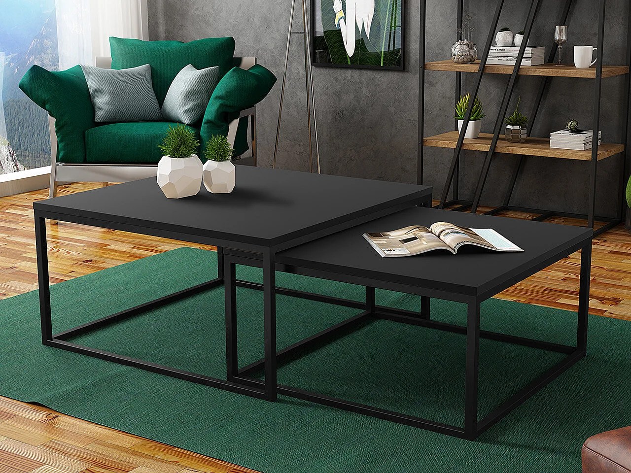 Ensemble tables basses Oswego 101, Noir, 39x76x76cm, Stratifié, Angulaire