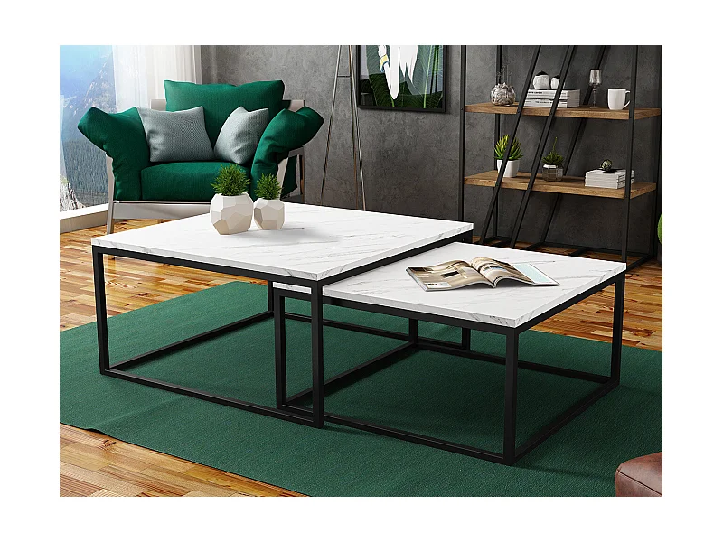 Ensemble tables basses Oswego 101, Noir|Marbre blanc, 39x76x76cm, Stratifié, Angulaire