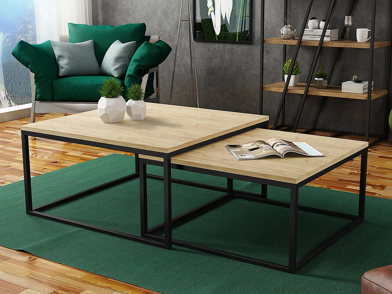 Conjunto mesa de centro Oswego 101, Negro|Craft roble, 39x76x76cm, Aglomerado laminado