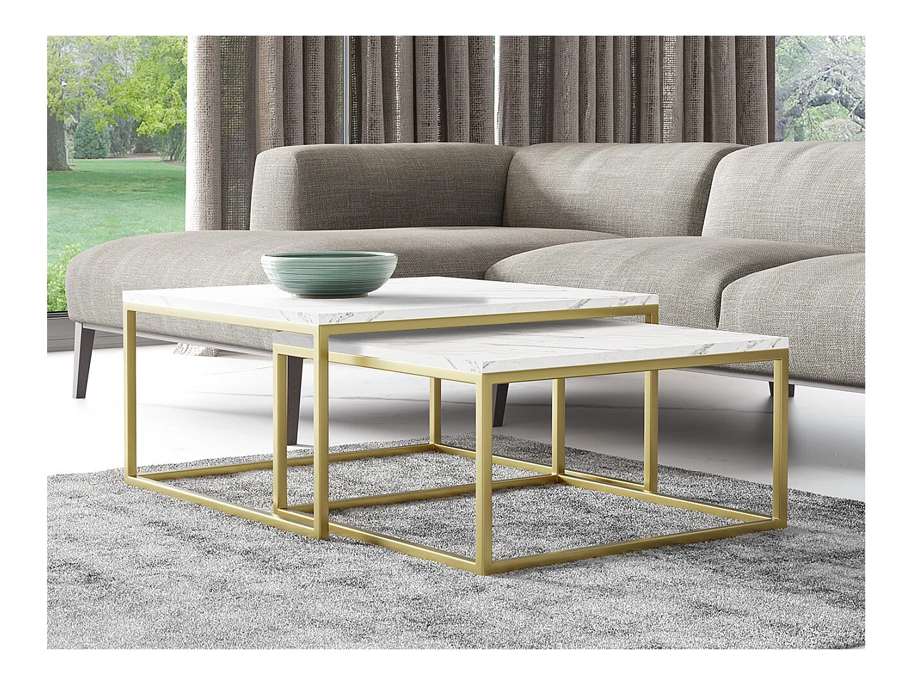 Ensemble tables basses Oswego 102, Marbre blanc|Doré, 39x76x76cm, Stratifié, Angulaire