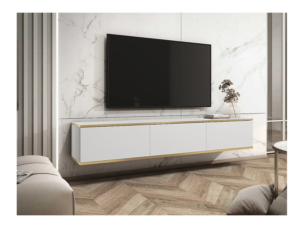 Meuble TV Felduno 100, Doré|Blanc, Le nombre de portes: 3, 175x30x32cm