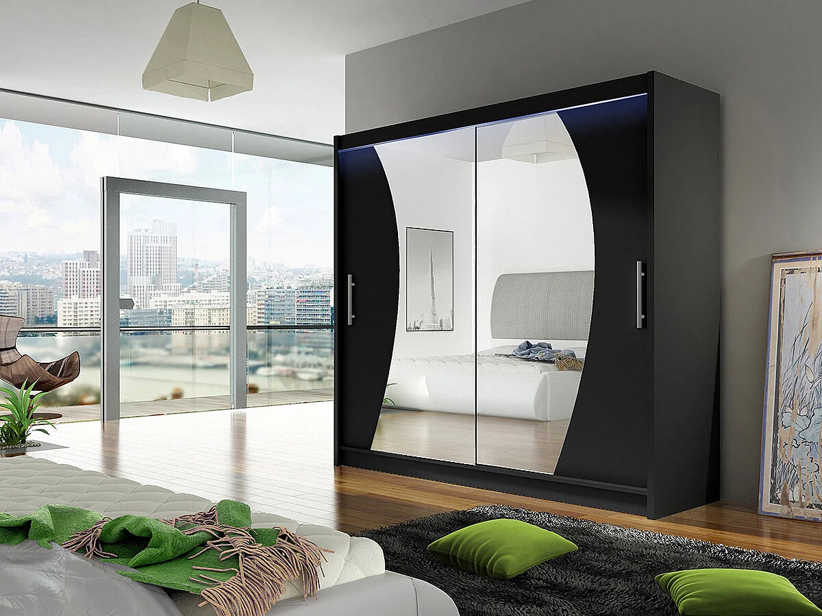 Armario Closico 115, Negro, 215x180x58cm, Puertas de armario: Correderas