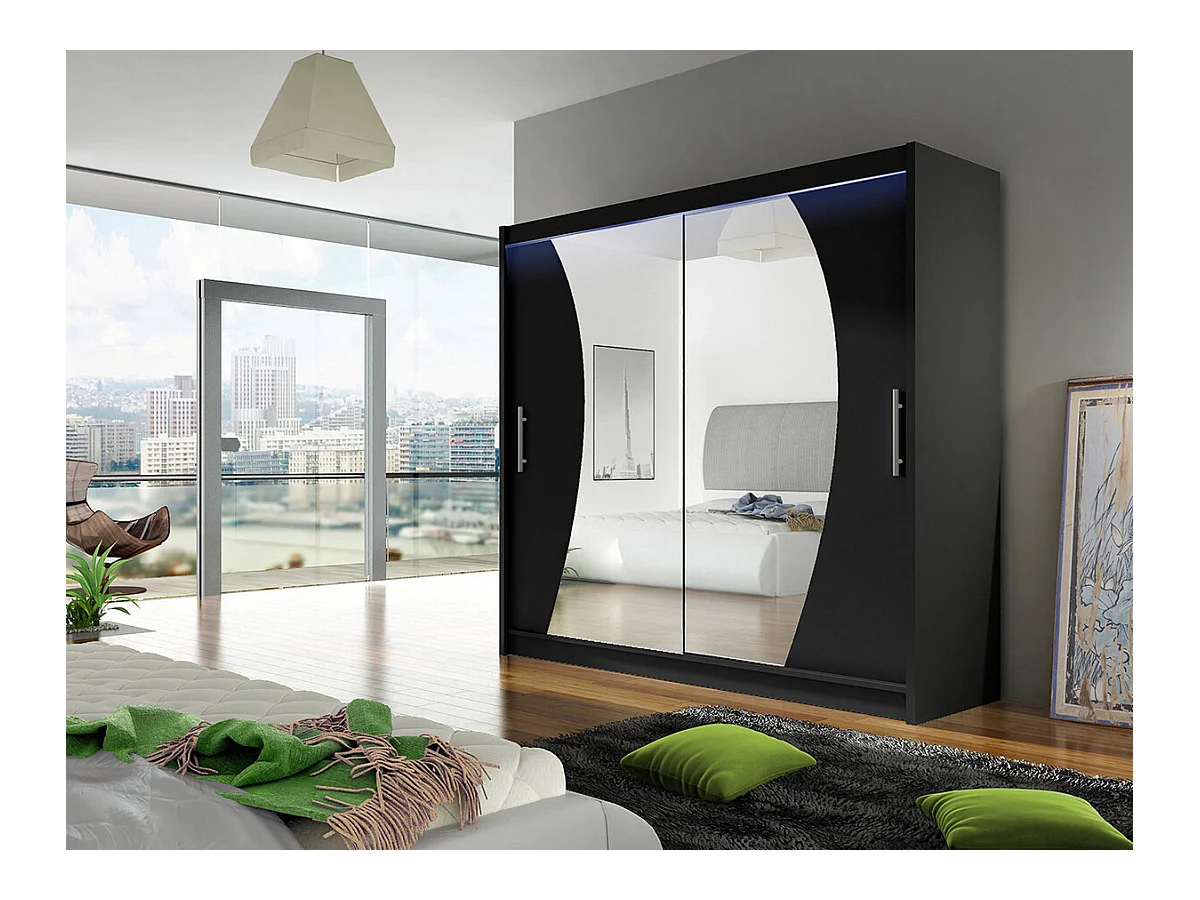 Armoire Closico 115, Noir, 215x180x58cm, Portes d'armoire: Coulissantes