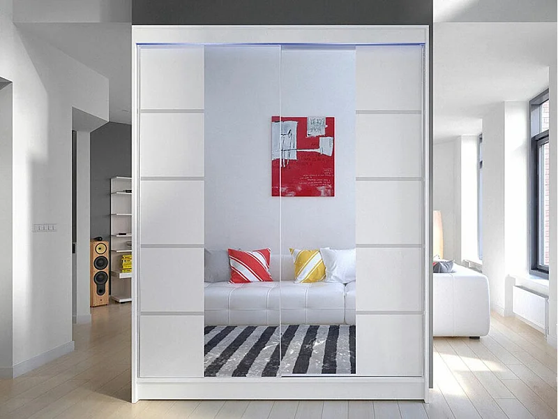 Armoire Closico 146, Blanc, 200x150x58cm, Portes d'armoire: Coulissantes