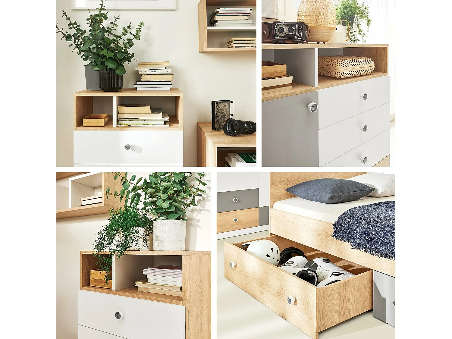 Armoire d'angle Tesmonu 101, Blanc|Chêne|Gris, 190x90x90cm, Nombre d'étagères: 5