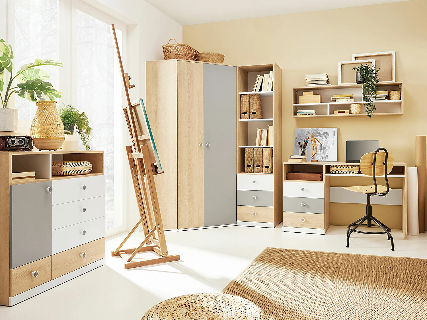 Armoire d'angle Tesmonu 101, Gris|Blanc|Chêne, 190x90x90cm, Nombre d'étagères: 5