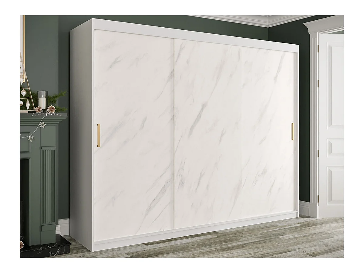 Armoire Hartford 251, Marbre blanc|Mat blanc, 200x250x62cm, Nombre d'étagères: 9