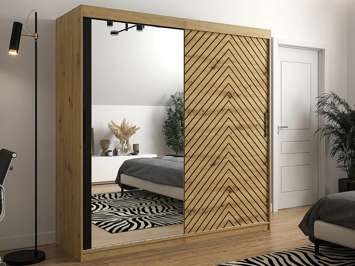 Armario Hartford 315, Roble Artisan|Negro, 200x200x62cm, Puertas de armario: Correderas