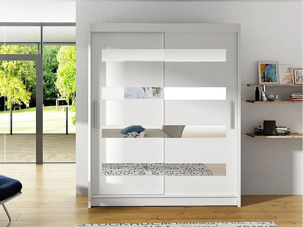 Armoire Closico 136, Blanc, 200x150x58cm, Portes d'armoire: Coulissantes