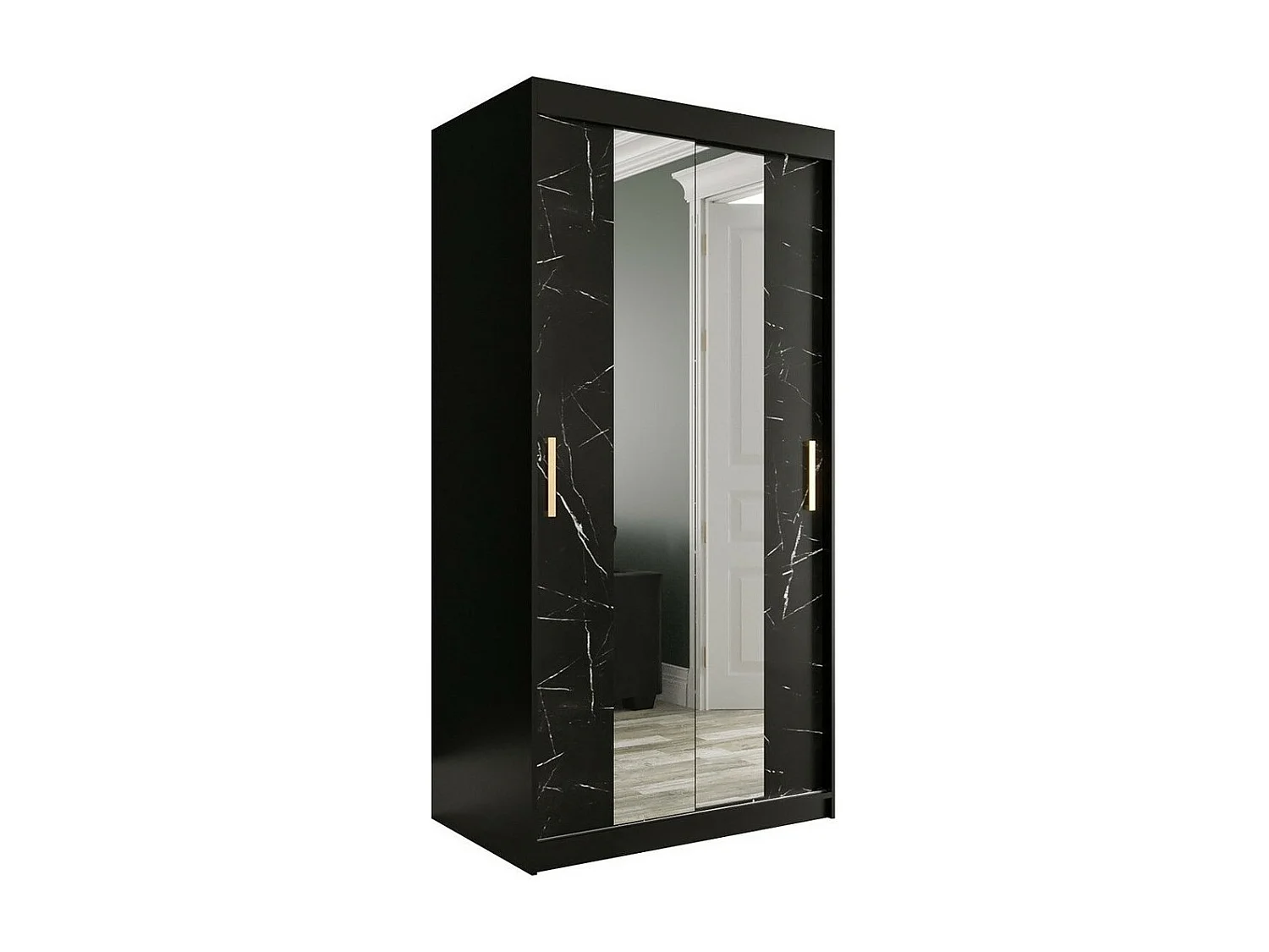 Armoire Hartford 252, Marbre noir|Noir mat, 200x100x62cm, Portes d'armoire: Coulissantes