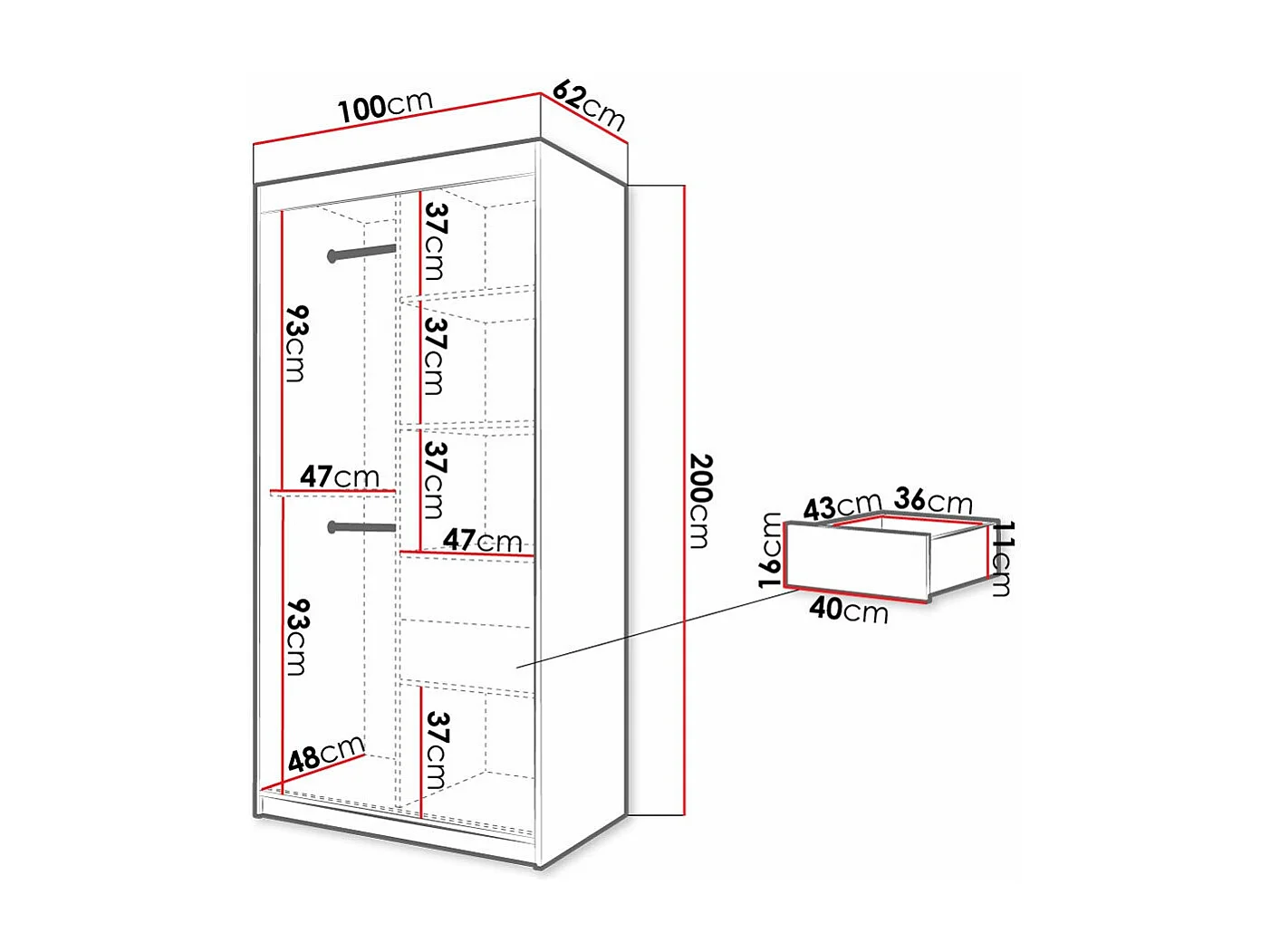 Armoire Hartford 306, Noir|Blanc, 200x100x62cm, Portes d'armoire: Coulissantes