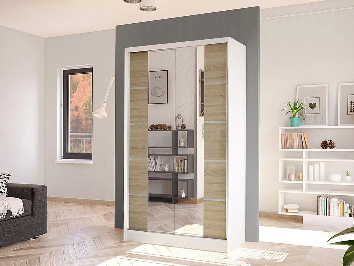 Armoire Closico 168, Sonoma chêne|Blanc, 200x100x58cm, Portes d'armoire: Coulissantes