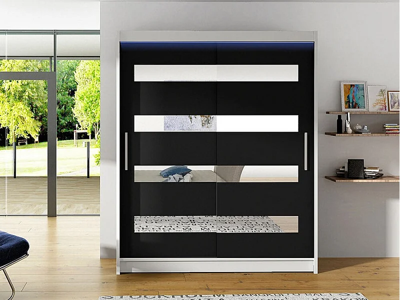 Armario Closico 136, Negro|Blanco, 200x150x58cm, Puertas de armario: Correderas