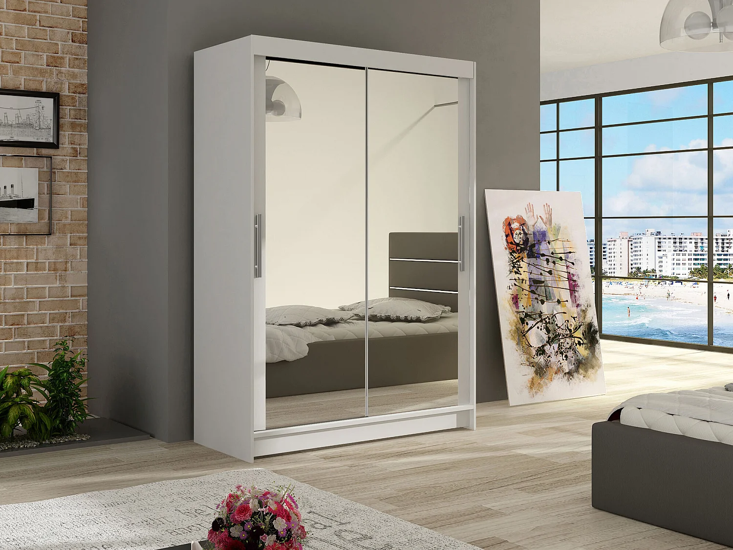 Armoire Closico 129, Blanc, 200x120x58cm, Portes d'armoire: Coulissantes
