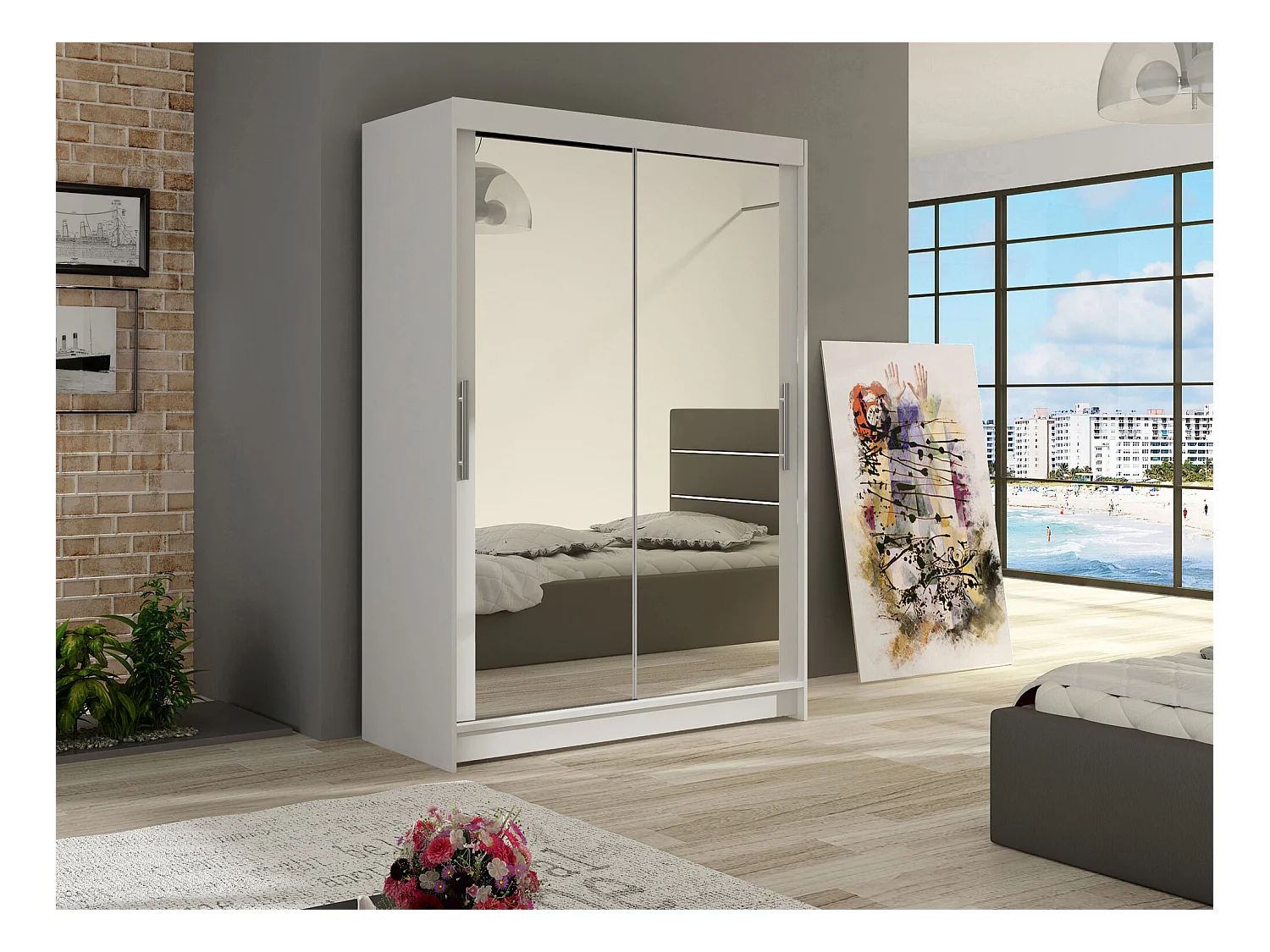 Armoire Closico 129, Blanc, 200x120x58cm, Portes d'armoire: Coulissantes