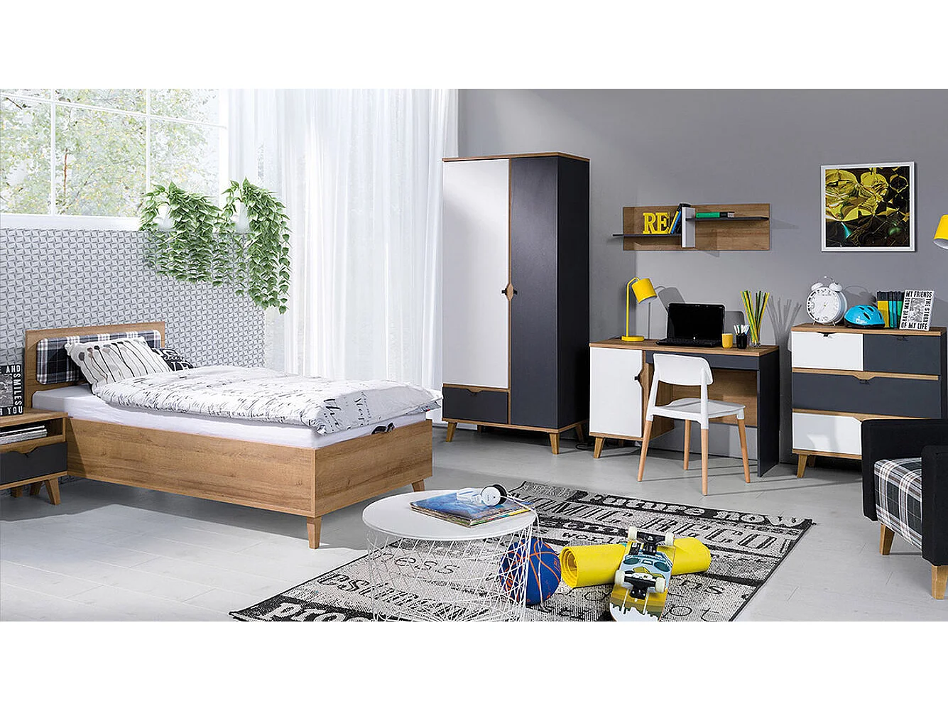 Armario Etrmoru 141, Blanco|Roble dorado|Grafito, 200x90x52cm, Número de estantes: 5