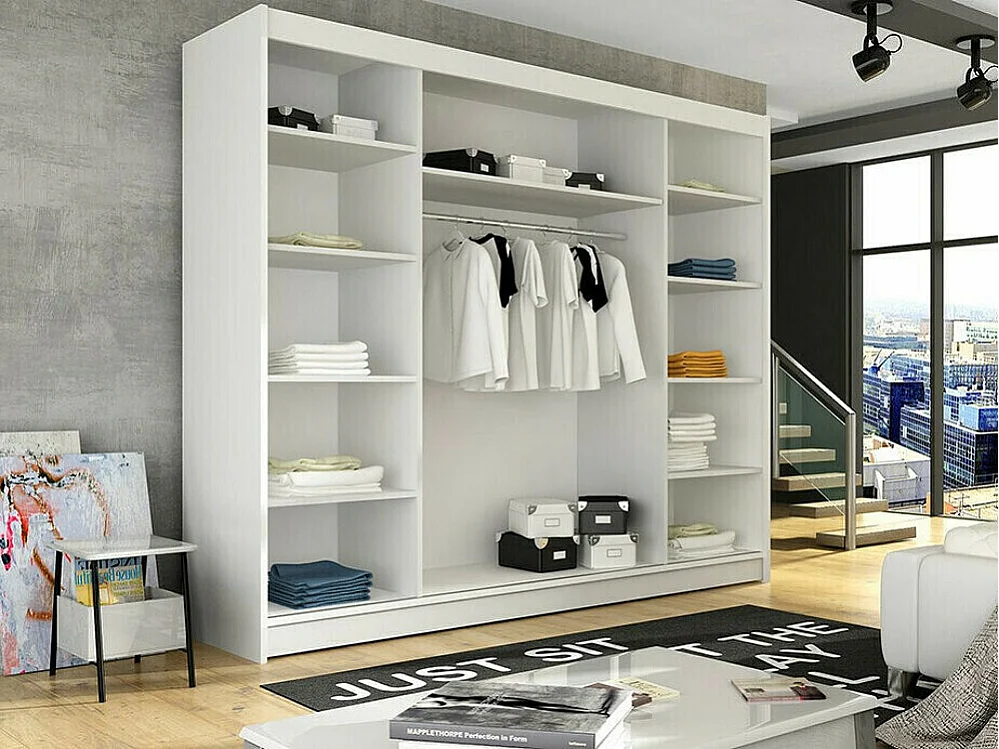 Armoire Closico 118, Blanc, 215x250x58cm, Portes d'armoire: Coulissantes