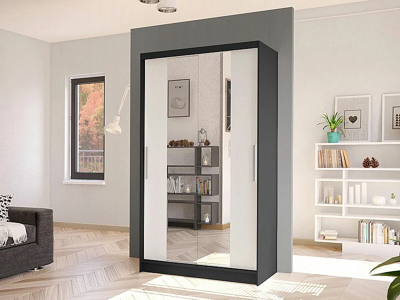 Armoire Closico 163, Noir|Blanc, 200x100x58cm, Portes d'armoire: Coulissantes