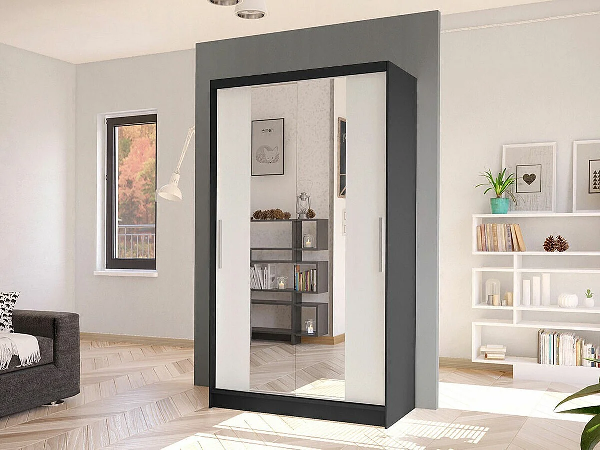 Armoire Closico 163, Blanc|Noir, 200x100x58cm, Portes d'armoire: Coulissantes
