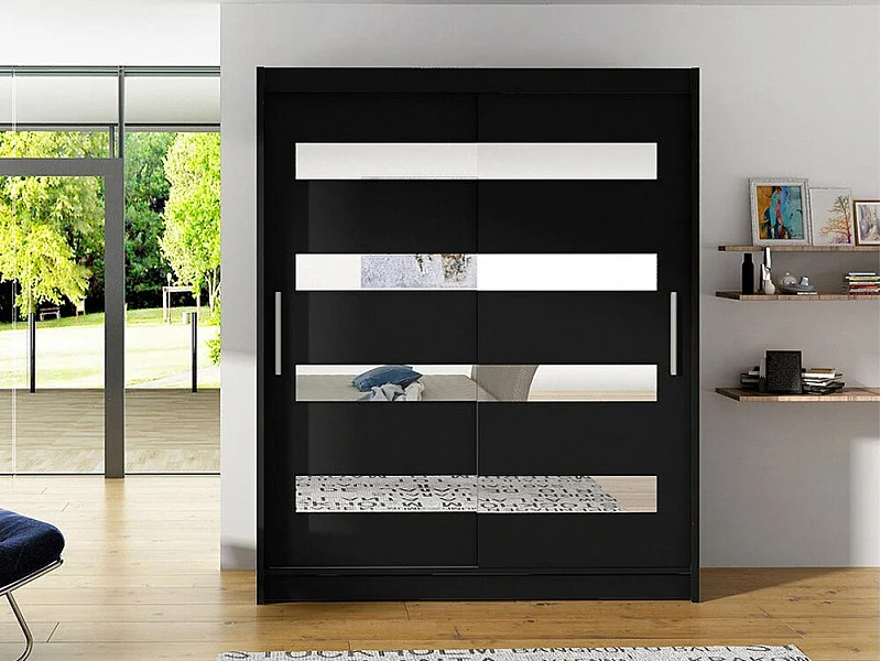 Armoire Closico 136, Noir, 200x150x58cm, Portes d'armoire: Coulissantes