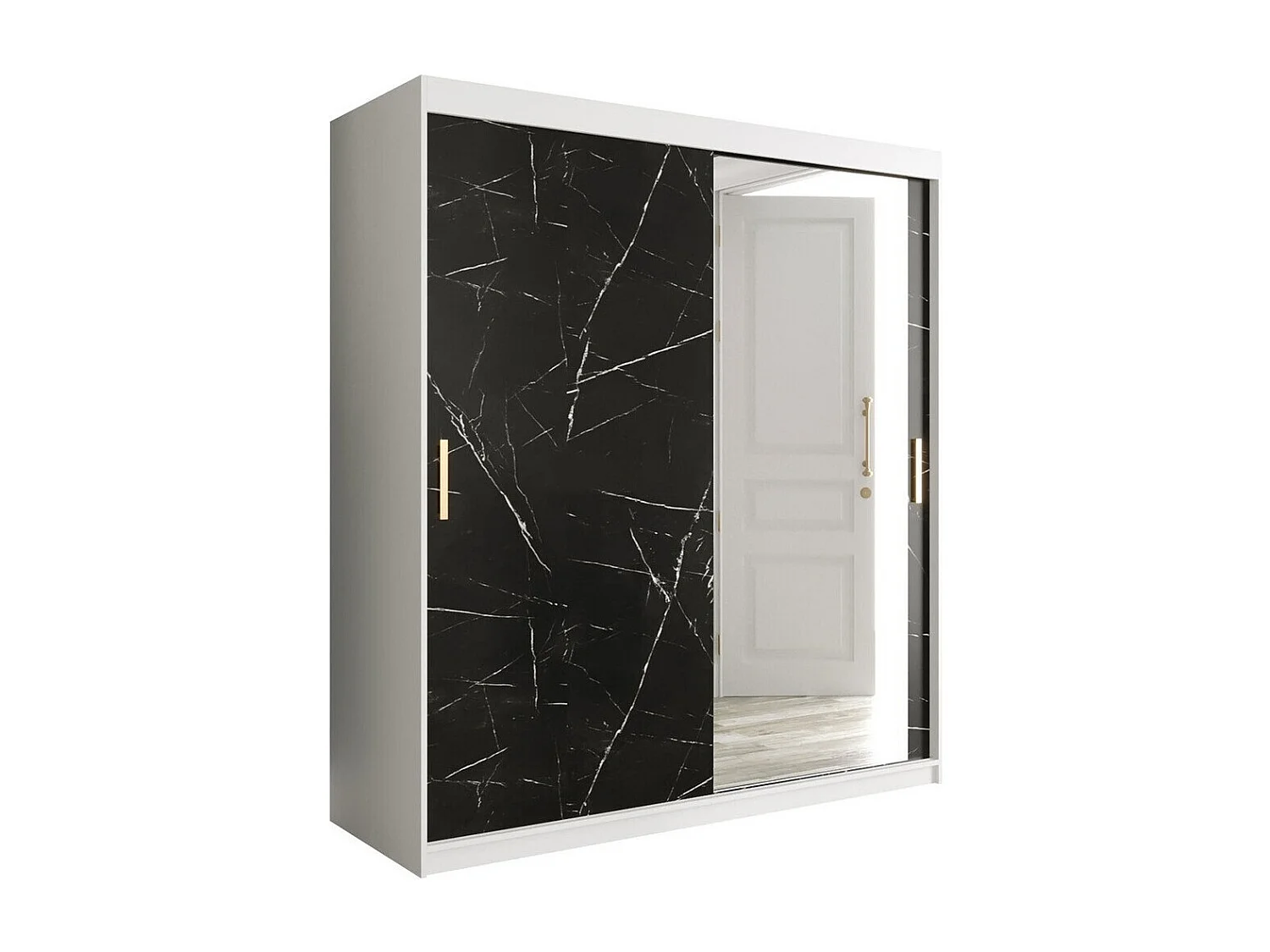 Armadio Hartford 261, Marmo nero|Opaca bianco, 200x180x62cm, Porte armadi: Scorrevoli