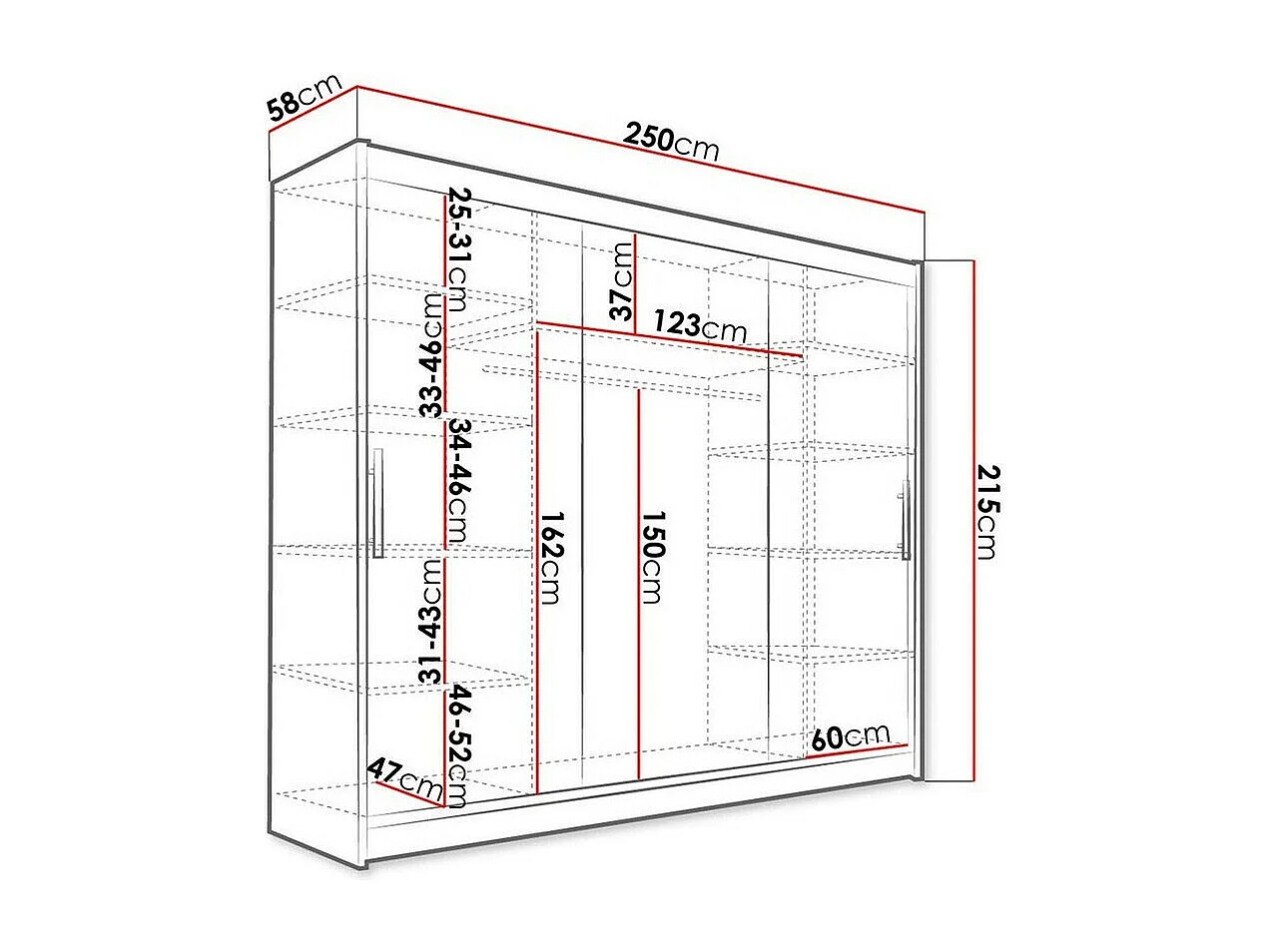 Armoire Closico 118, Noir, 215x250x58cm, Portes d'armoire: Coulissantes