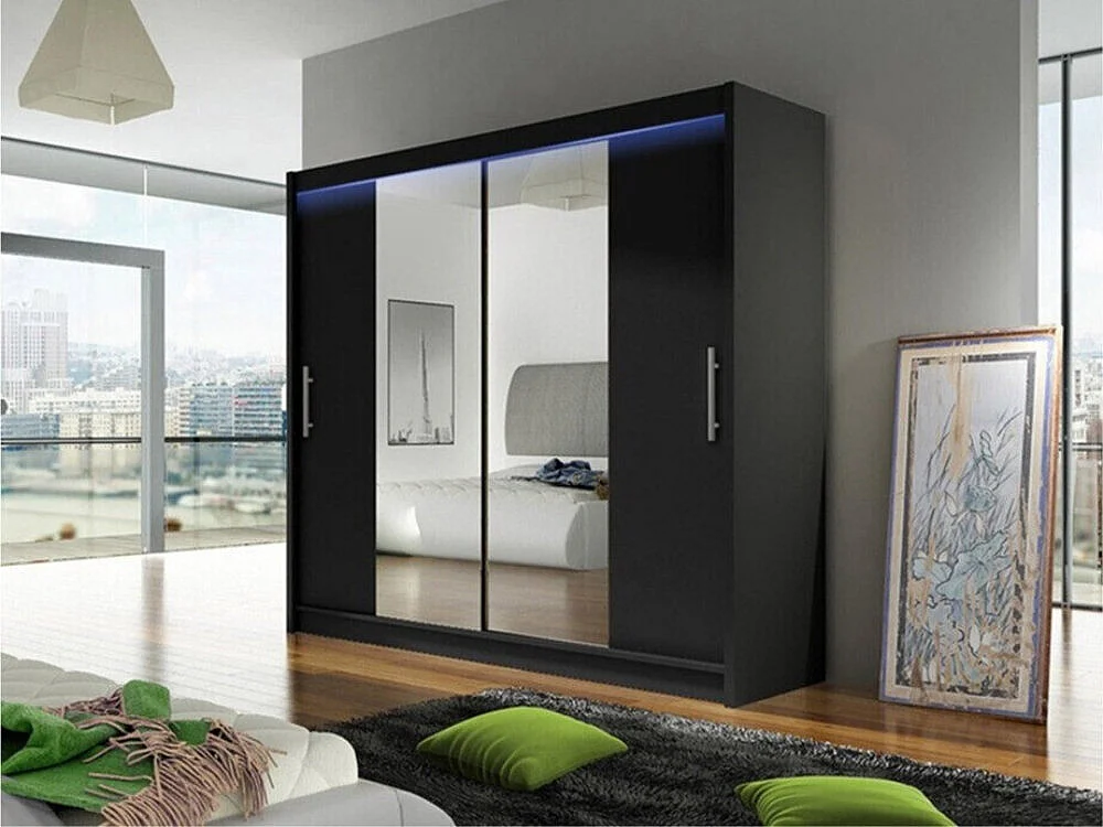 Armario Closico 123, Negro, 215x180x58cm, Puertas de armario: Correderas