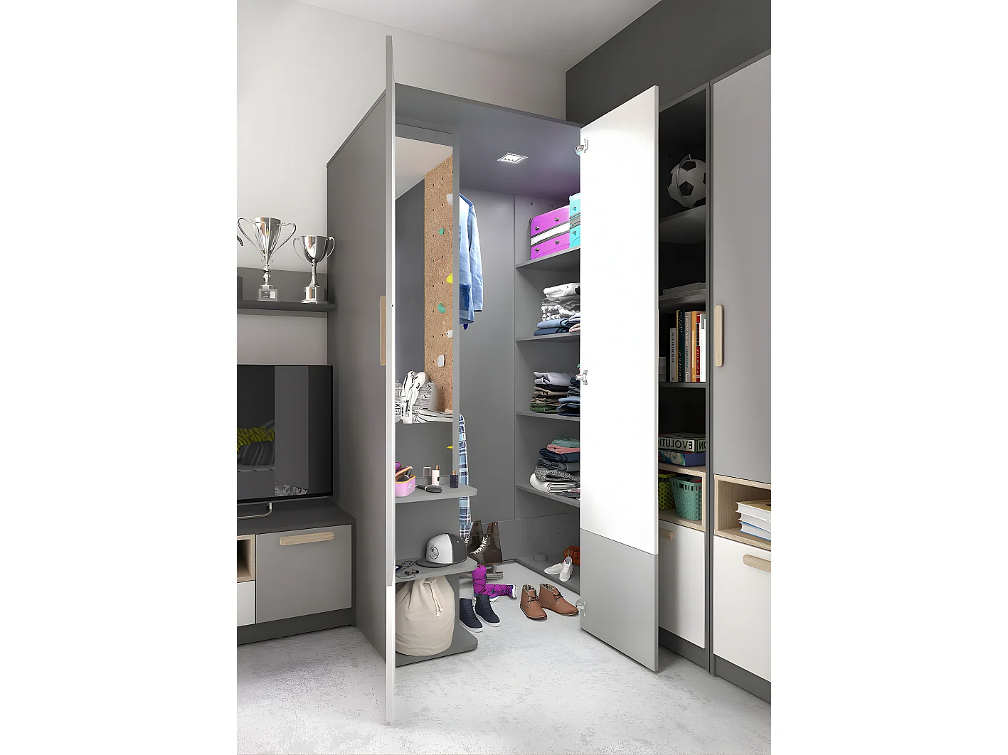 Armoire Veravie 100, Graphite|Blanc|Gris clair, 193x130x93cm