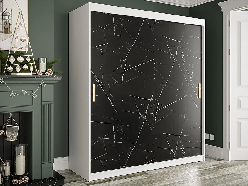 Armario Hartford 249, Mármol negro|Mate blanco, 200x180x62cm, Número de estantes: 9