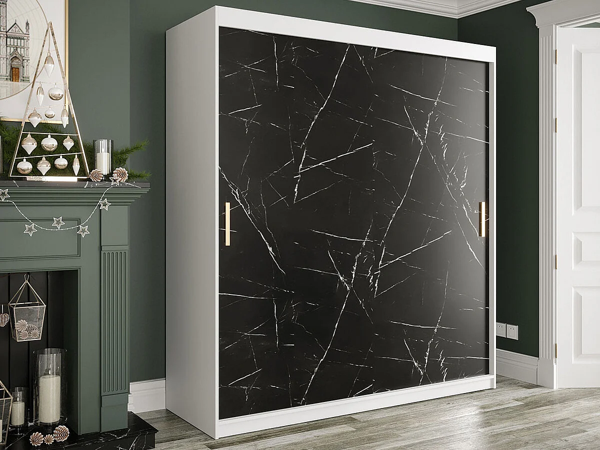 Armario Hartford 249, Mármol negro|Mate blanco, 200x180x62cm, Número de estantes: 9