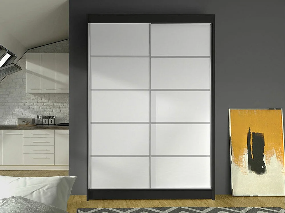 Armoire Closico 150, Noir|Blanc, 200x120x58cm, Portes d'armoire: Coulissantes