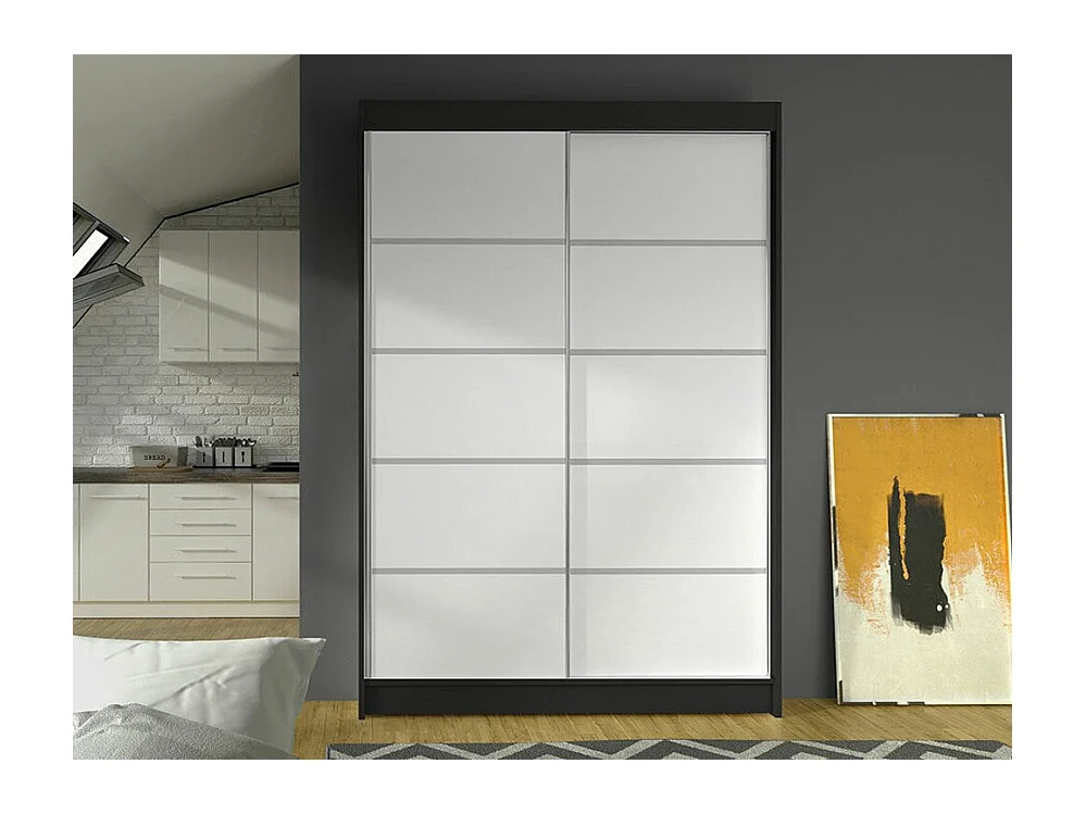 Armoire Closico 150, Blanc|Noir, 200x120x58cm, Portes d'armoire: Coulissantes