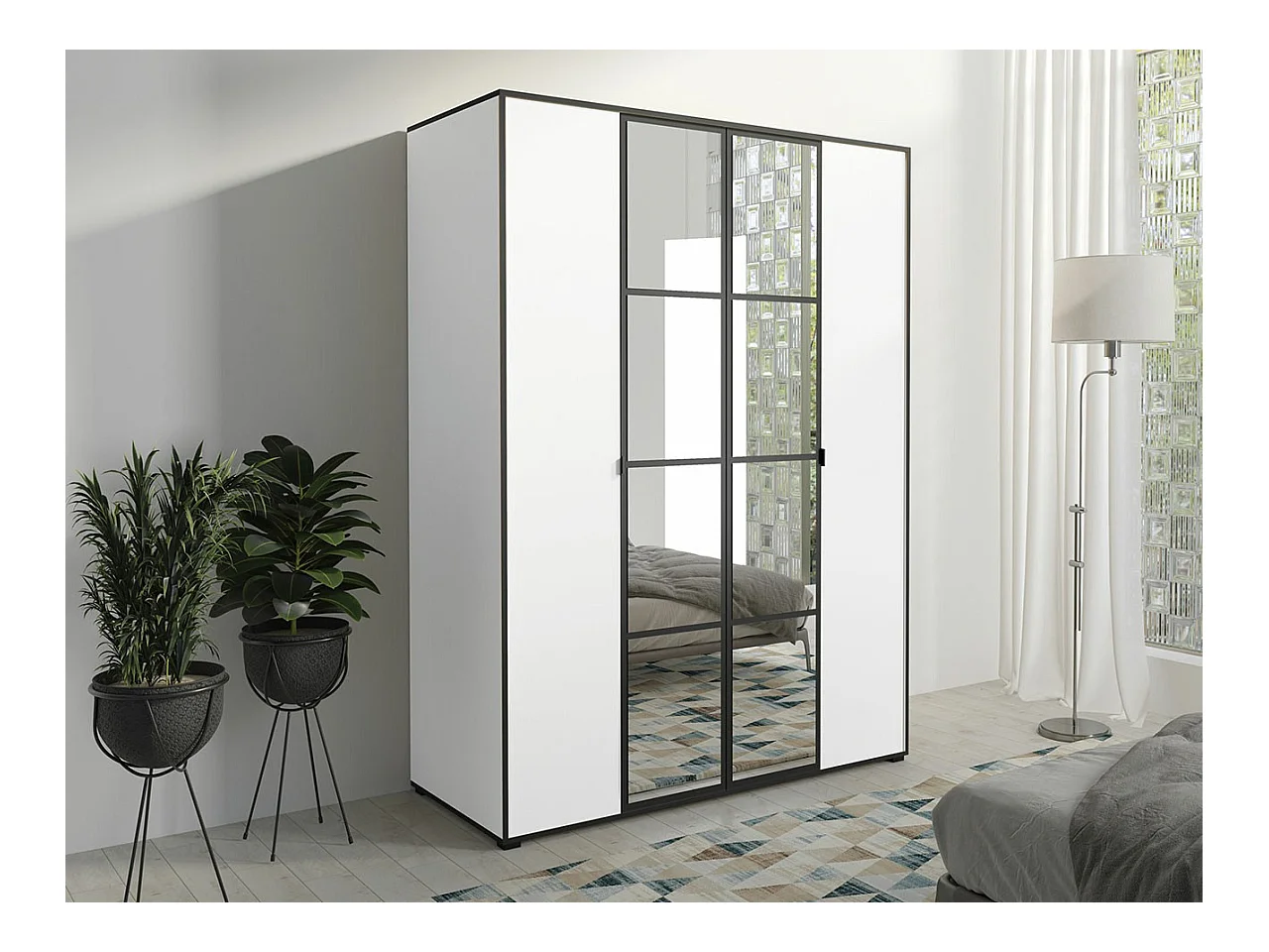 Armoire Toledo 117, Noir|Blanc, 206x150x65cm, Portes d'armoire: Avec des charnières