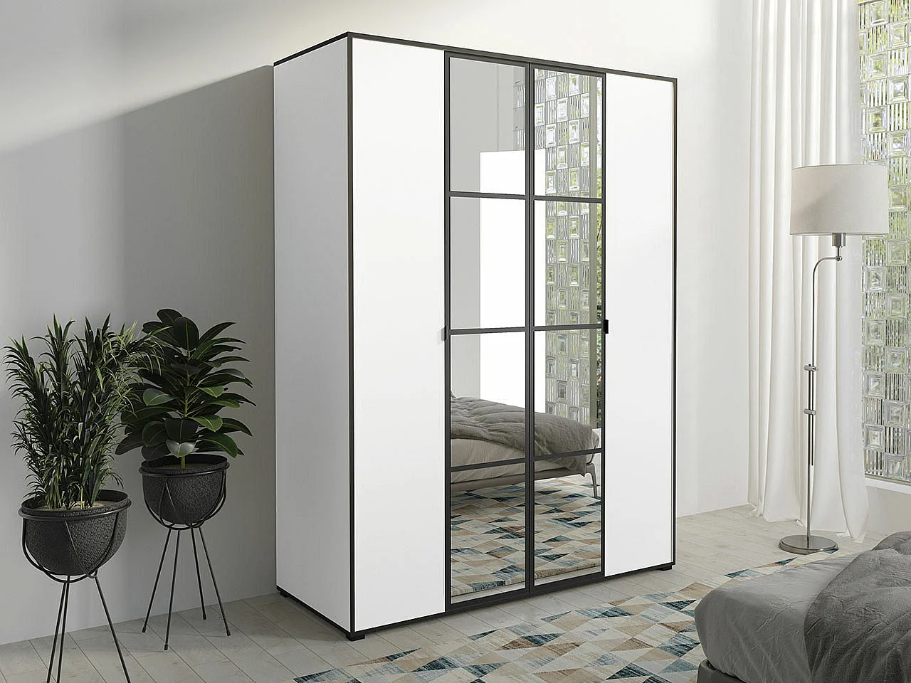 Armario Toledo 117, Blanco|Negro, 206x150x65cm, Puertas de armario: Con bisagras