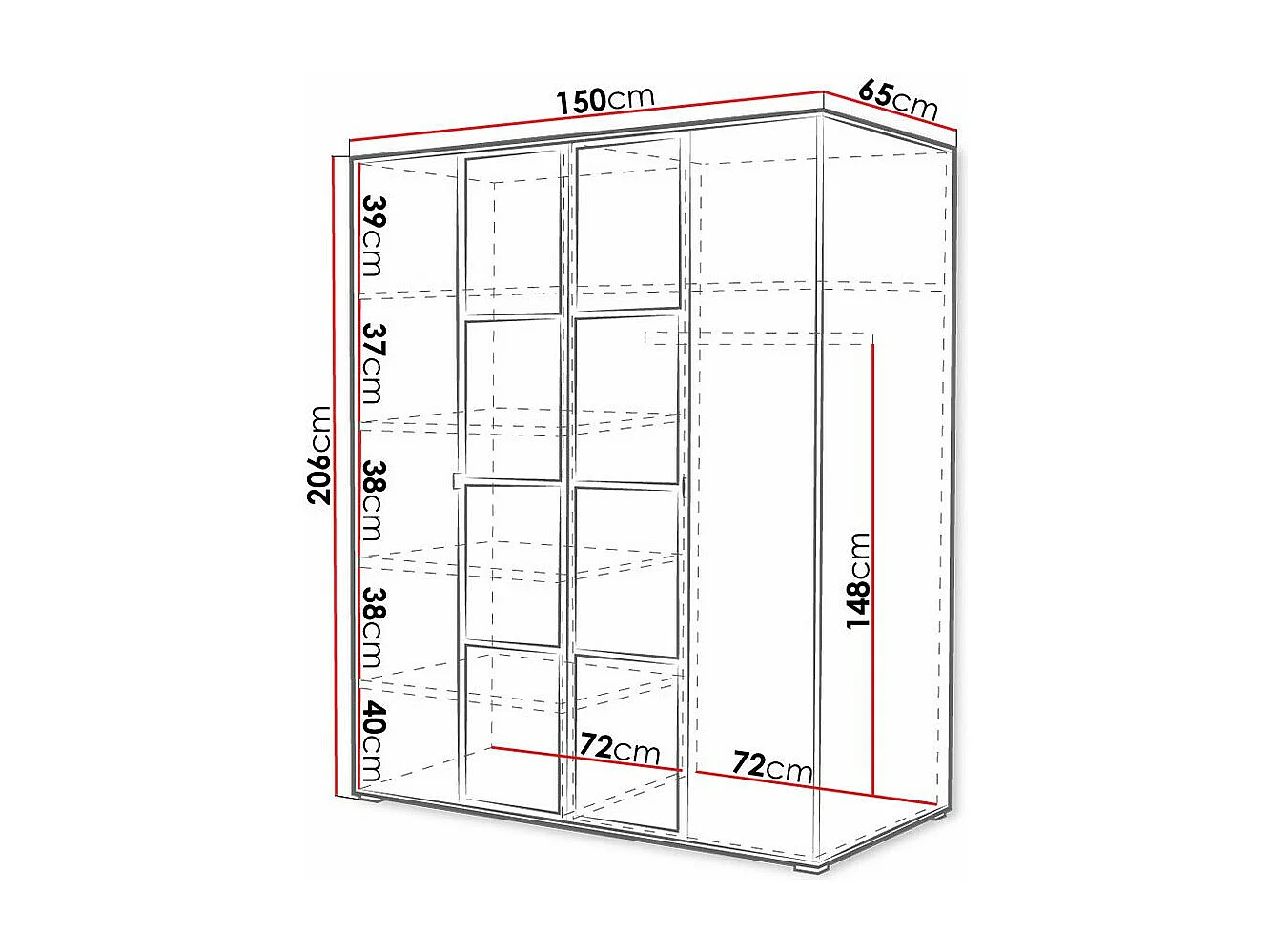 Armario Toledo 117, Blanco|Negro, 206x150x65cm, Puertas de armario: Con bisagras