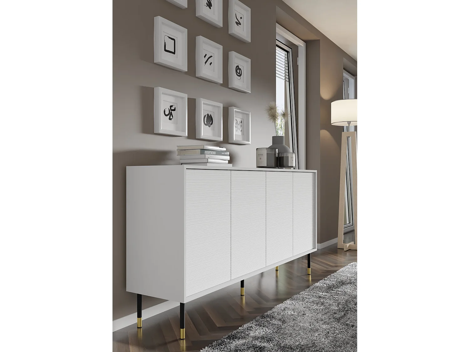 Commode SHERWOOD Buffet 4D 180 cm fraisée sur pieds blanc mat