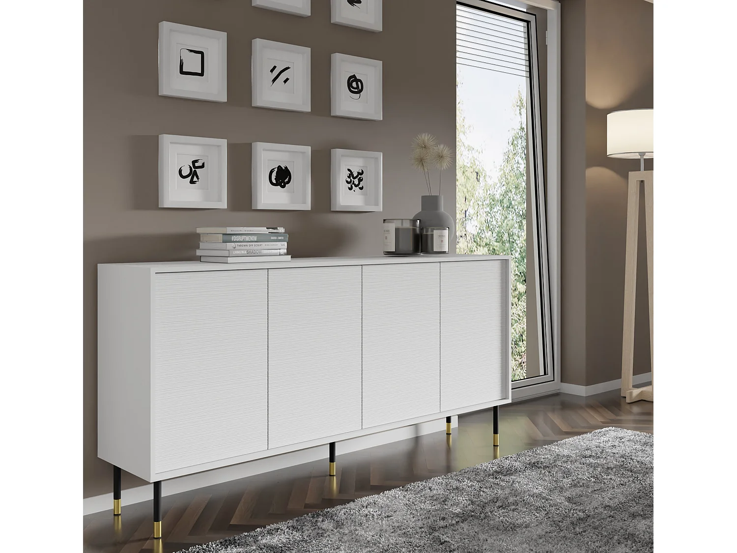 Commode SHERWOOD Buffet 4D 180 cm fraisée sur pieds blanc mat