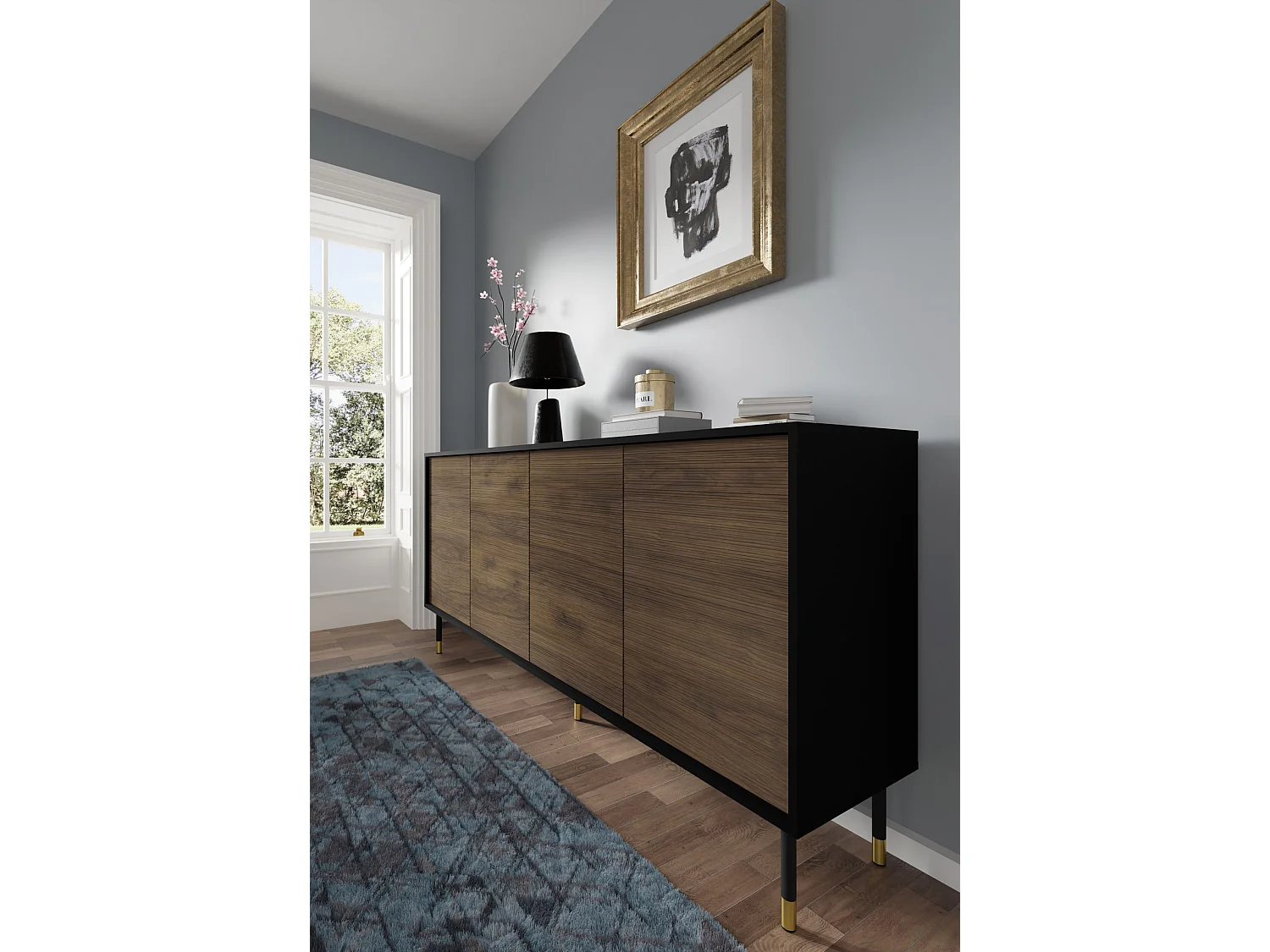 Cómoda SHERWOOD 4D 180 cm fresado sobre patas negro mate / roble catania